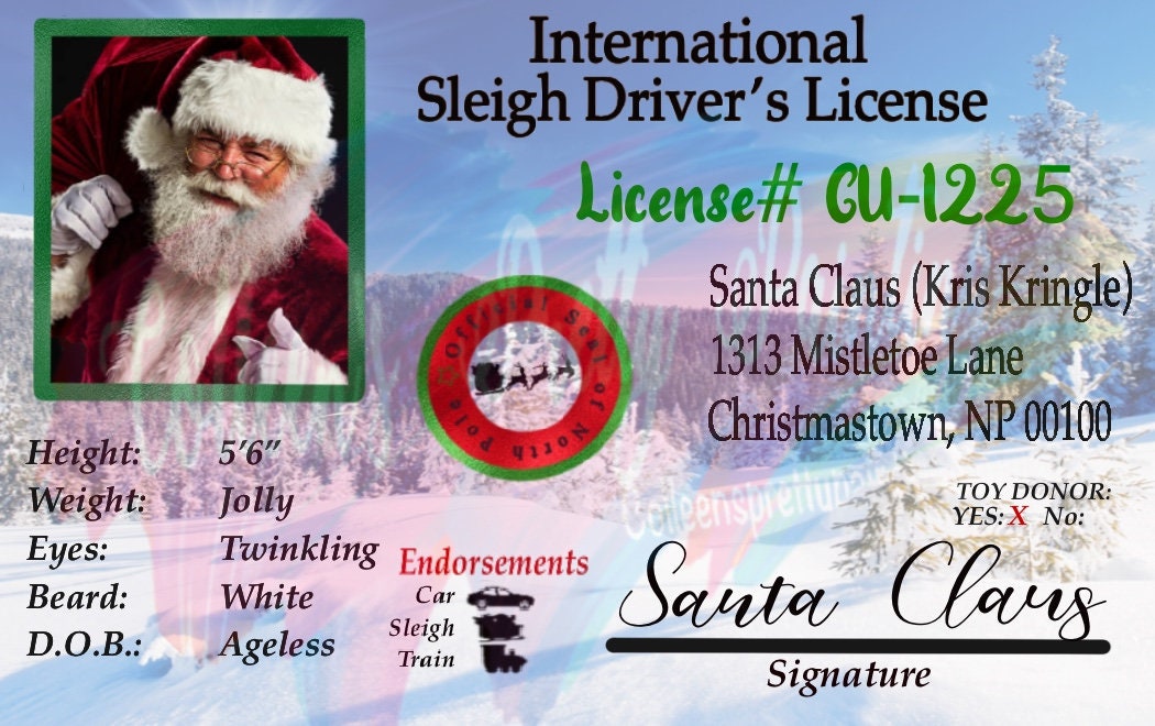 Downloadable Santa License. Use  to apply to plastic sublimation cards. This includes a Spotify Christmas playlist  that you can scan with your phone and play.  Check the back!